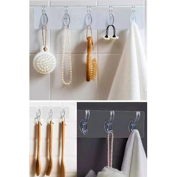 Kendinden Yapışkanlı Güçlü Şeffaf Askılık | Şeffaf Yapışkanlı Sihirli Askı 5 Adet Kancalı