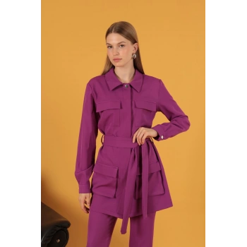 Atlas Kumaş Cep Espirili Kadın Ceket-Mürdüm