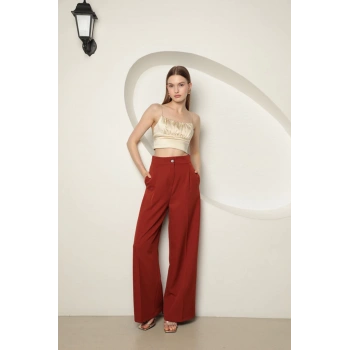 Atlas Kumaş Kadın Palazzo Pantolon-Kiremit