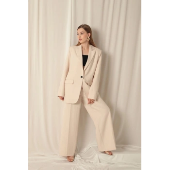 Atlas Kumaş Palazzo Kadın Bej Pantolon