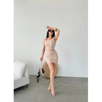 Bağcık Detaylı Crop Bluz Ve Etek İkili Takım