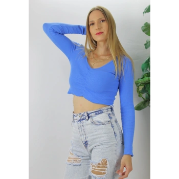 Büzgülü Fitilli Bluz Mavi  - 94574
