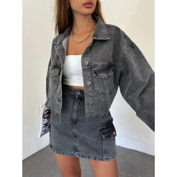 Çift Cepli Yıkamalı Crop Denim Ceket