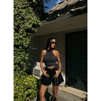 Çizgili Beli Kuşak Detaylı Halter Bluz