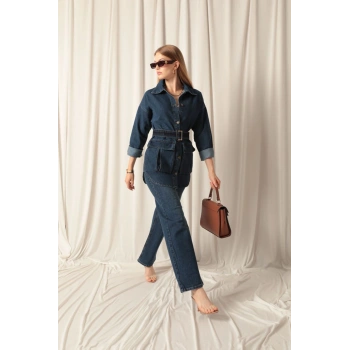 Denim Kumaş Cep Detay Kadın Lacivert Kot Ceket