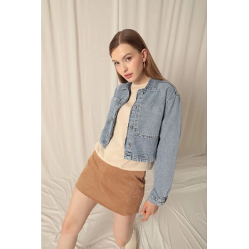 Denim Kumaş Ters Cep Kadın Mavi Ceket