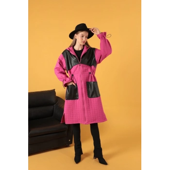 Deri Kumaş Garni Detay Jakar Kadın Trençkot-Fuşya