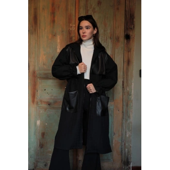 Deri Kumaş Garni Detay Jakar Kadın Trençkot-Siyah