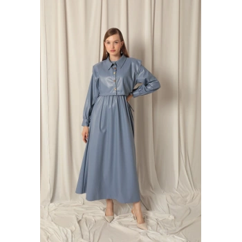 Deri Kumaş Kadın İndigo Elbise