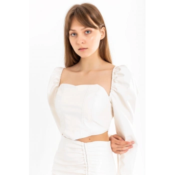Deri Kumaş Straplez Kalp Yaka Fermuar Detaylı Kadın Crop-Ekru