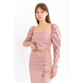 Deri Kumaş Straplez Kalp Yaka Fermuar Detaylı Kadın Crop-Pudra