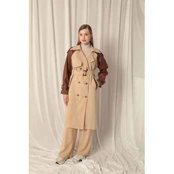 Dokuma Kumaş Deri Garnili Kadın Bej Trenckot