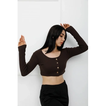 Düğmeli Mini Crop Bady Kahve - P-020494