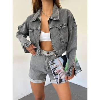 Fermuarlı Çift Cepli Denim Ceket