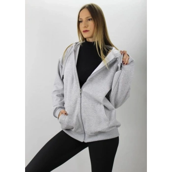 Fermuarlı Üç İplik Kapşonlu Sweat Gri - 2810.2022