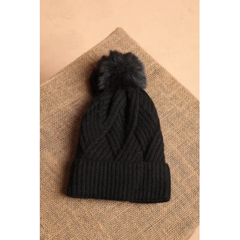 İçi Polarlı Kadın Siyah Örgü Bere