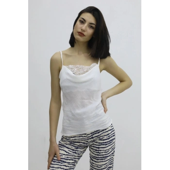 İp Askılı Dantel İşlemeli Bluz Ekru - P-019808