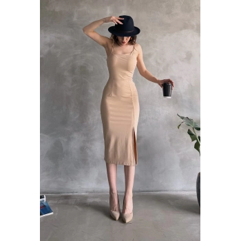 İp Askılı Yırtmaç Detaylı Midi Boy Dalgıç Elbise