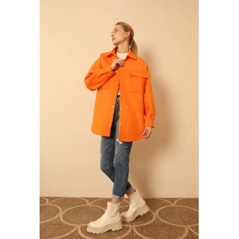 Jakar Kumaş Geometrik Desen Oversize Kadın Gömlek-Oranj