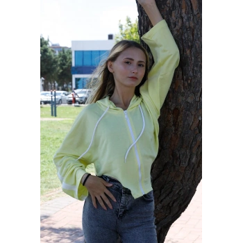 Kapşonlu Yan Dekolteli Sweat Sarı - P-019669