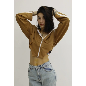 Kapşonlu Yan Dekolteli Sweat Taba - P-019669