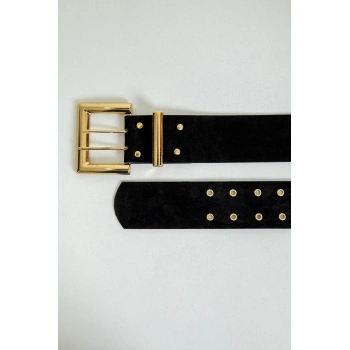 Kare Tokalı Çift Dilli Deri Kadın Kemer-Siyah