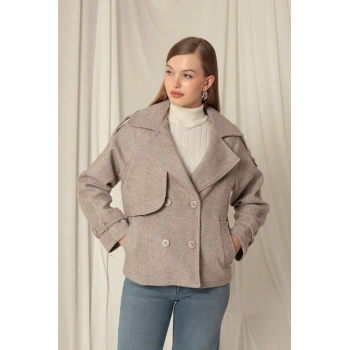 Kaşe Kumaş Balıksırtı Desen Kısa Kadın Vizon Kaban