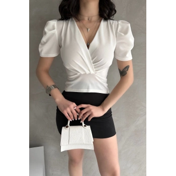 Kruvaze Yaka Karpuz Kol Crep Bluz