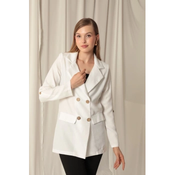 Melanj Keten Kumaş Kadın Ekru Ceket