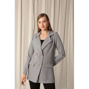 Melanj Keten Kumaş Kadın Gri Ceket