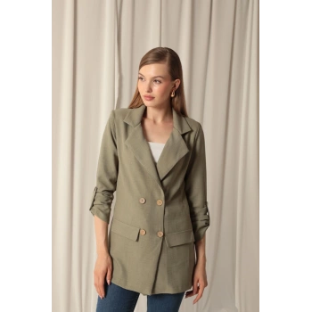 Melanj Keten Kumaş Kadın Haki Ceket