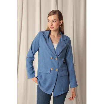 Melanj Keten Kumaş Kadın İndigo Ceket