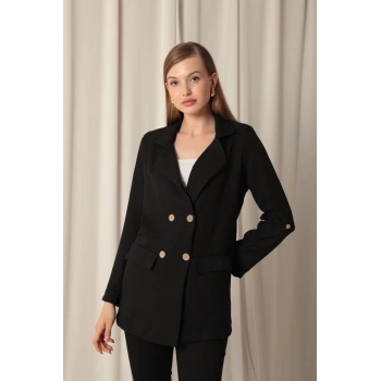 Melanj Keten Kumaş Kadın Siyah Ceket