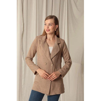 Melanj Keten Kumaş Kadın Taba Ceket