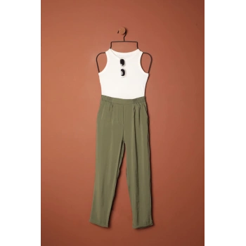 Modal Kumaş Duble Paça Kadın Pantolon-Haki