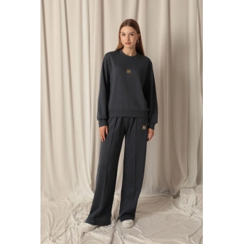 Modal Kumaş Metal Aksesuarlı Kadın Antrasit Takım