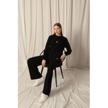 Modal Kumaş Metal Aksesuarlı Kadın Siyah Takım