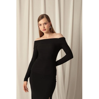 Ottoman Kumaş Madonna Yaka Kadın Siyah Bluz