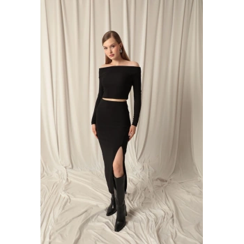 Ottoman Kumaş Yırtmaçlı Kadın Siyah Etek