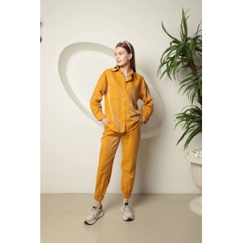 Parlak Kumaş Kadın Takım-Hardal