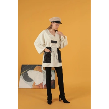Petek Kumaş Garnili Oversize Kadın Sweat-Ekru
