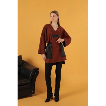 Petek Kumaş Garnili Oversize Kadın Sweat-Kahve