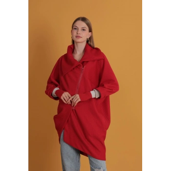 Petek Kumaş Kolu Ribana Detaylı Kadın Hırka-Kırmızı