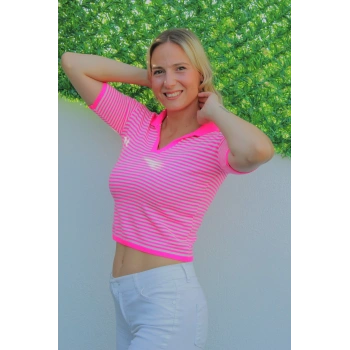 Polo Yaka Çizgili Tişört Fuşya - 140.055