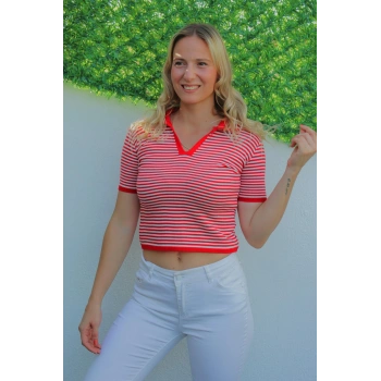 Polo Yaka Çizgili Tişört Kırmızı - 140.055