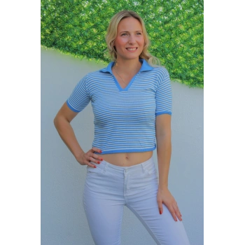 Polo Yaka Çizgili Tişört Mavi - 140.055