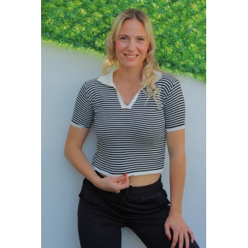 Polo Yaka Çizgili Tişört Siyah - 140.055