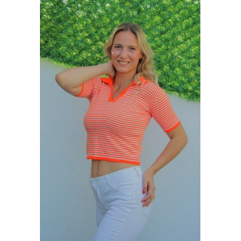 Polo Yaka Çizgili Tişört Turuncu - 140.055