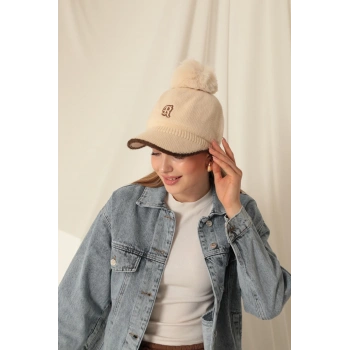 Ponponlu Nakışlı Kadın Bej Kep