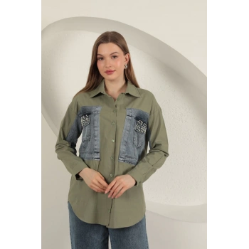 Poplin Kumaş Kot Garnili Haki Kadın Gömlek